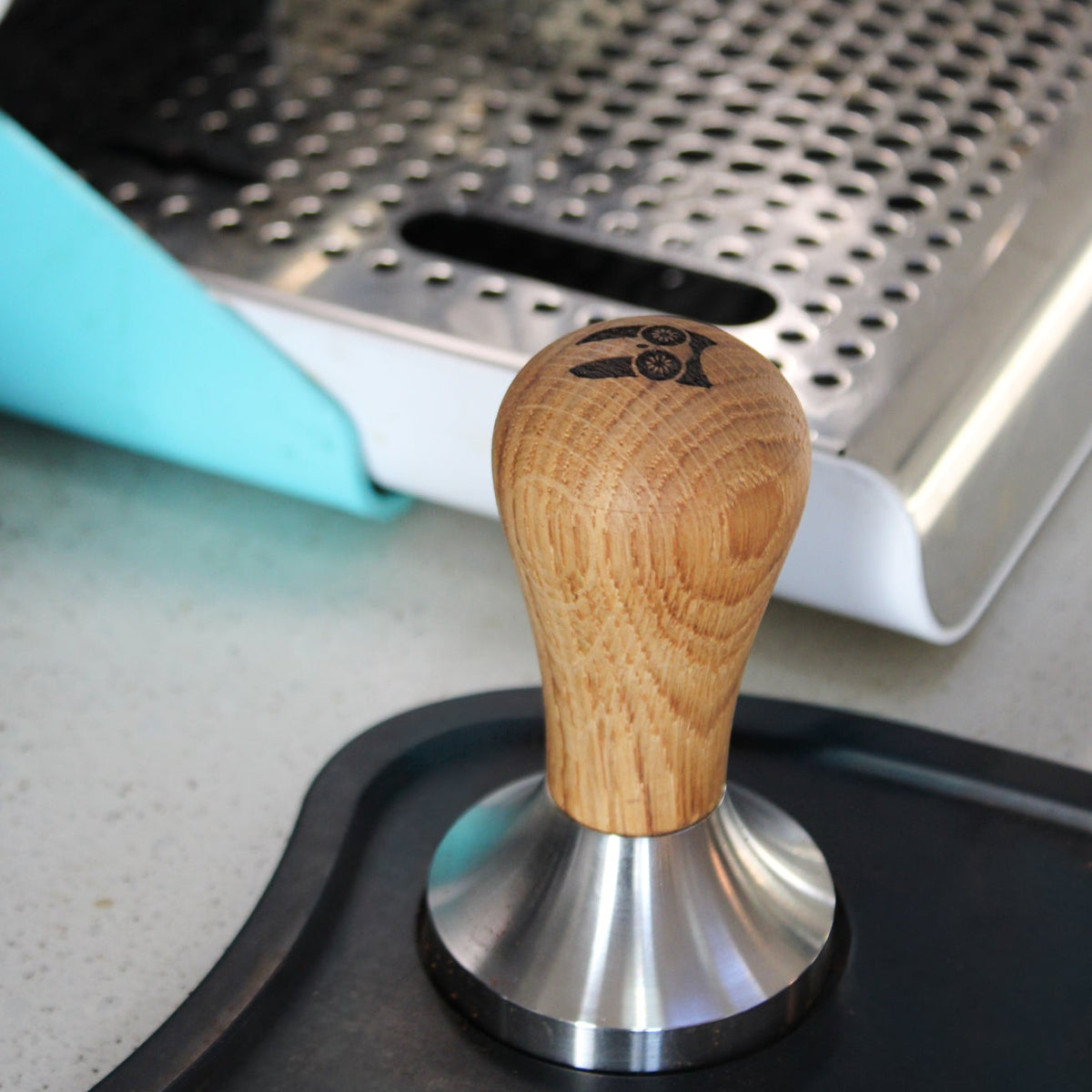 Hand Finished Oak Tamper Owl Engraving